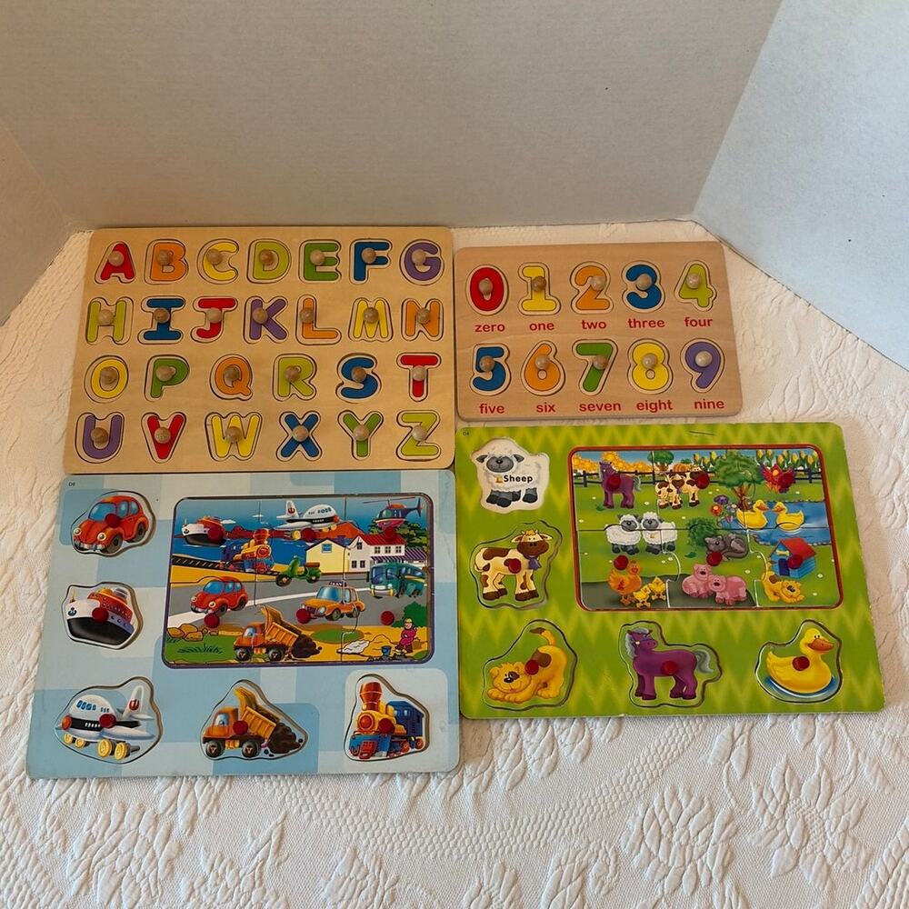 Wooden Peg Puzzle Lot Alphabet Numbers Farm Animals Vehicles Preschool 4 Pc